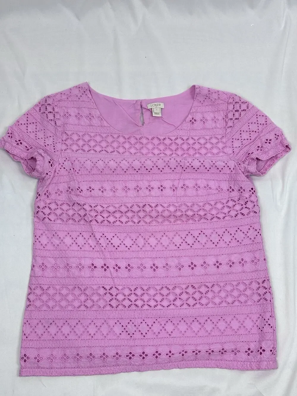 J.Crew Pink Eyelet Lace Short Sleeve Round Neck Cotton Boxy Fit Top Blouse Sz 2